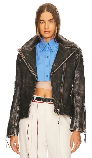 EAVES Gia Leather Moto Jacket in Brown