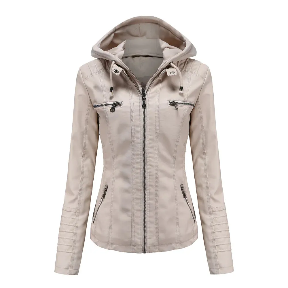 Women Leather Jacket Removable Hood PU Leather Coats