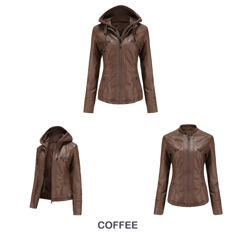 Women Leather Jacket Removable Hood PU Leather Coats