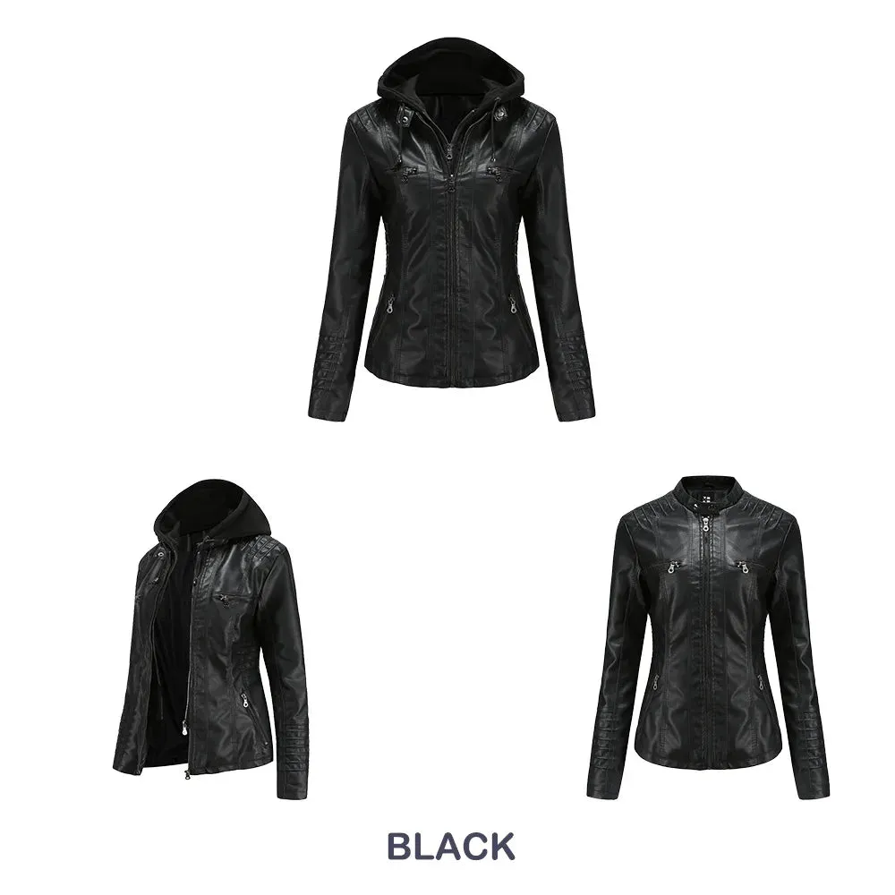 Women Leather Jacket Removable Hood PU Leather Coats