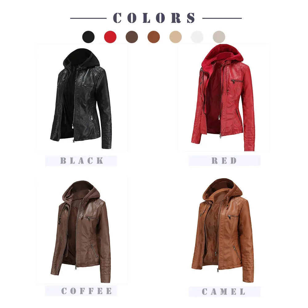 Women Leather Jacket Removable Hood PU Leather Coats