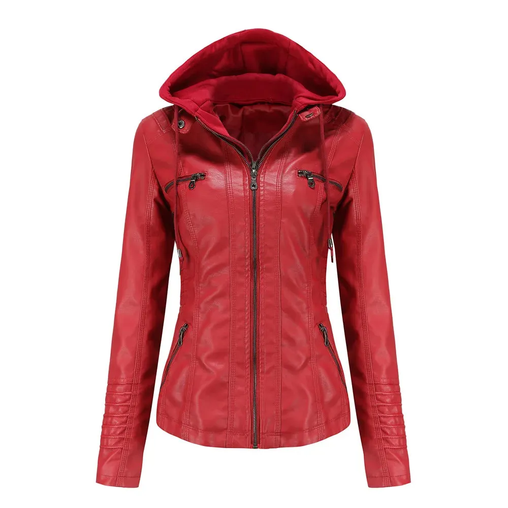 Women Leather Jacket Removable Hood PU Leather Coats
