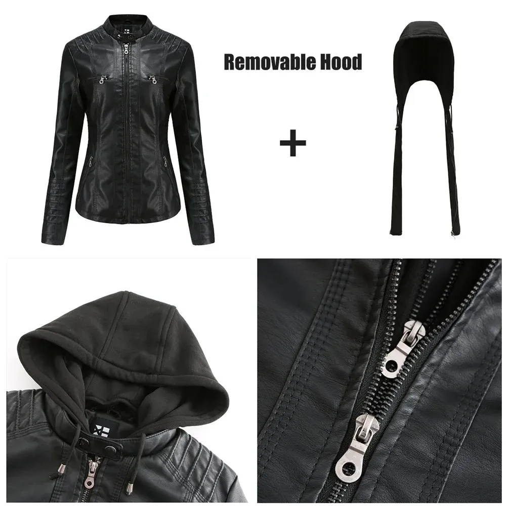 Women Leather Jacket Removable Hood PU Leather Coats