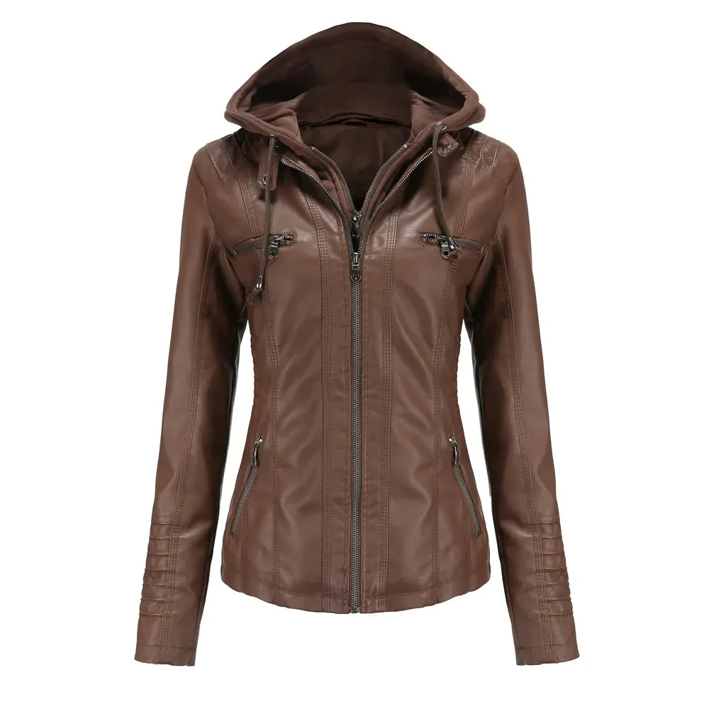 Women Leather Jacket Removable Hood PU Leather Coats