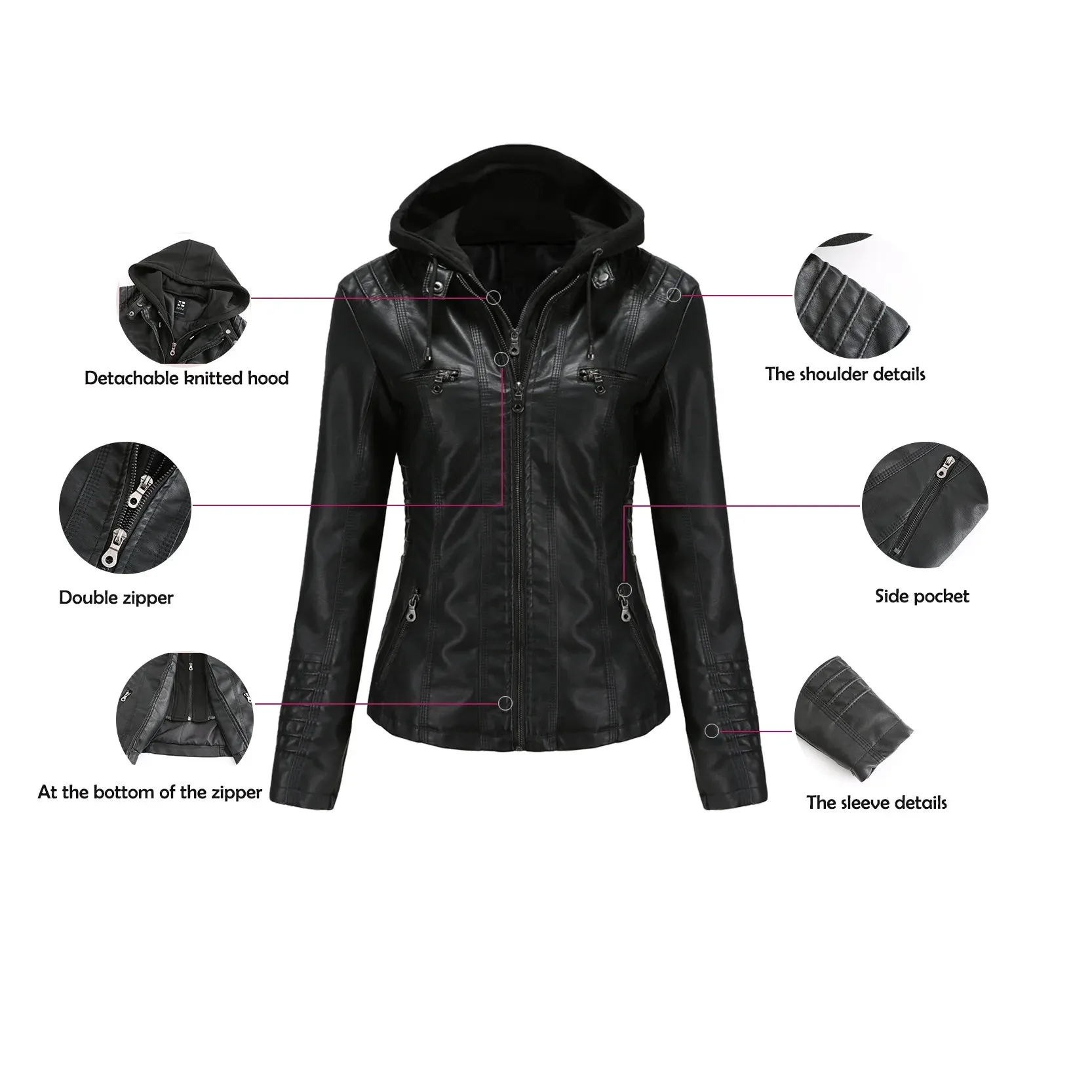 Women Leather Jacket Removable Hood PU Leather Coats