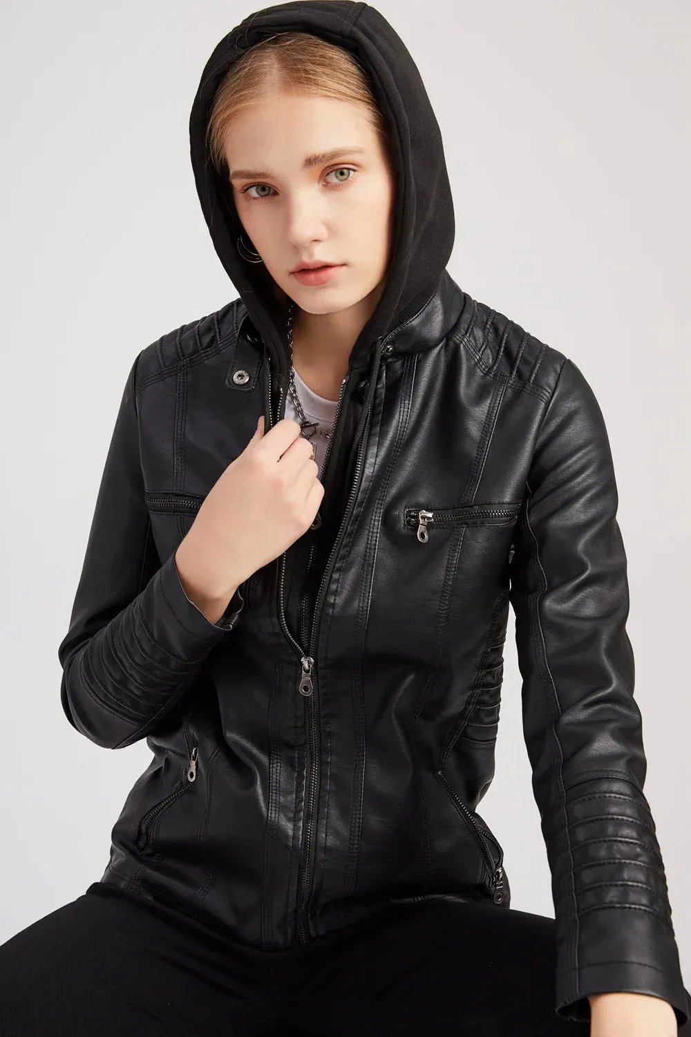 Women Leather Jacket Removable Hood PU Leather Coats