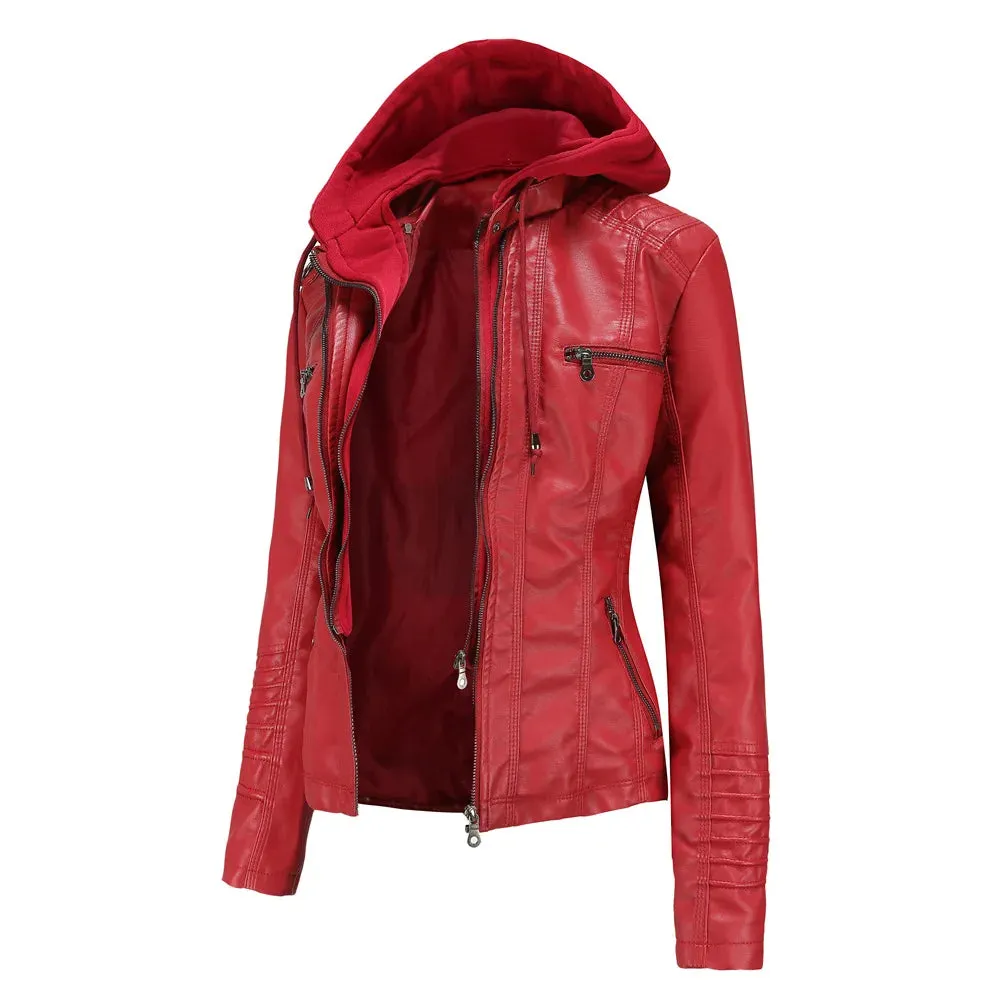 Women Leather Jacket Removable Hood PU Leather Coats