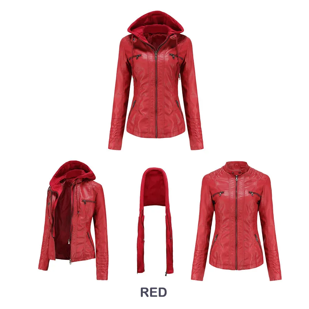 Women Leather Jacket Removable Hood PU Leather Coats