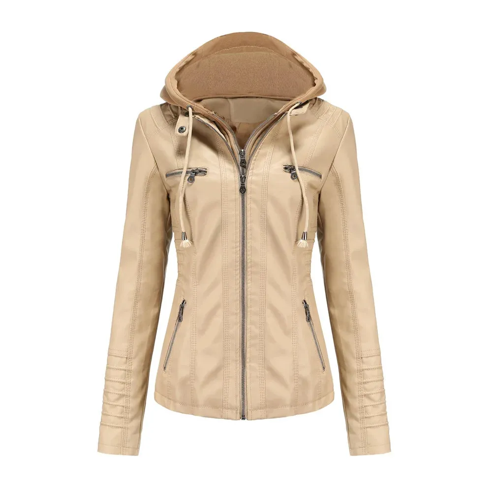 Women Leather Jacket Removable Hood PU Leather Coats