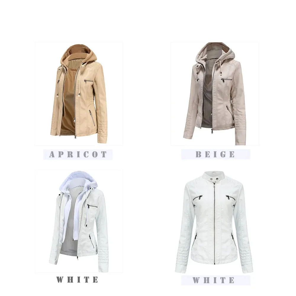 Women Leather Jacket Removable Hood PU Leather Coats