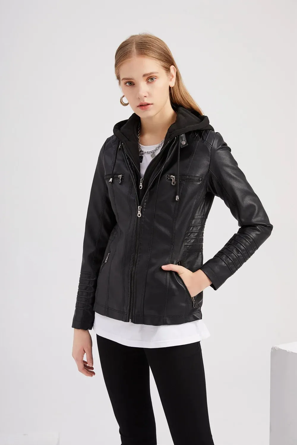 Women Leather Jacket Removable Hood PU Leather Coats