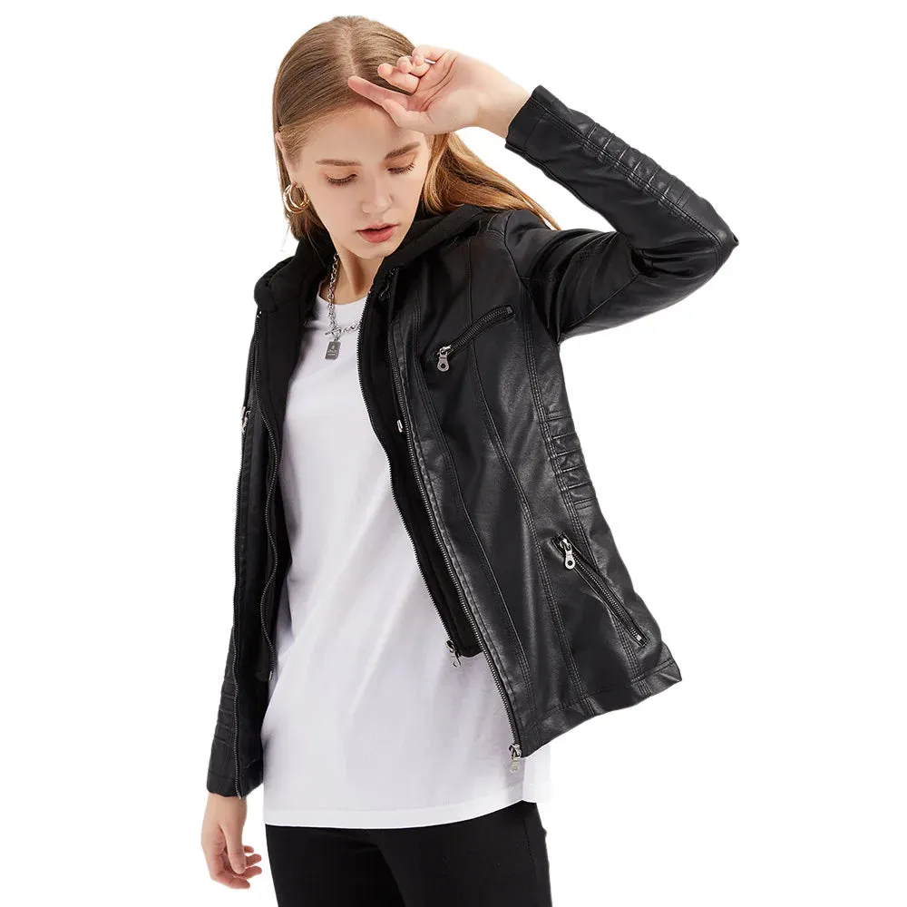 Women Leather Jacket Removable Hood PU Leather Coats