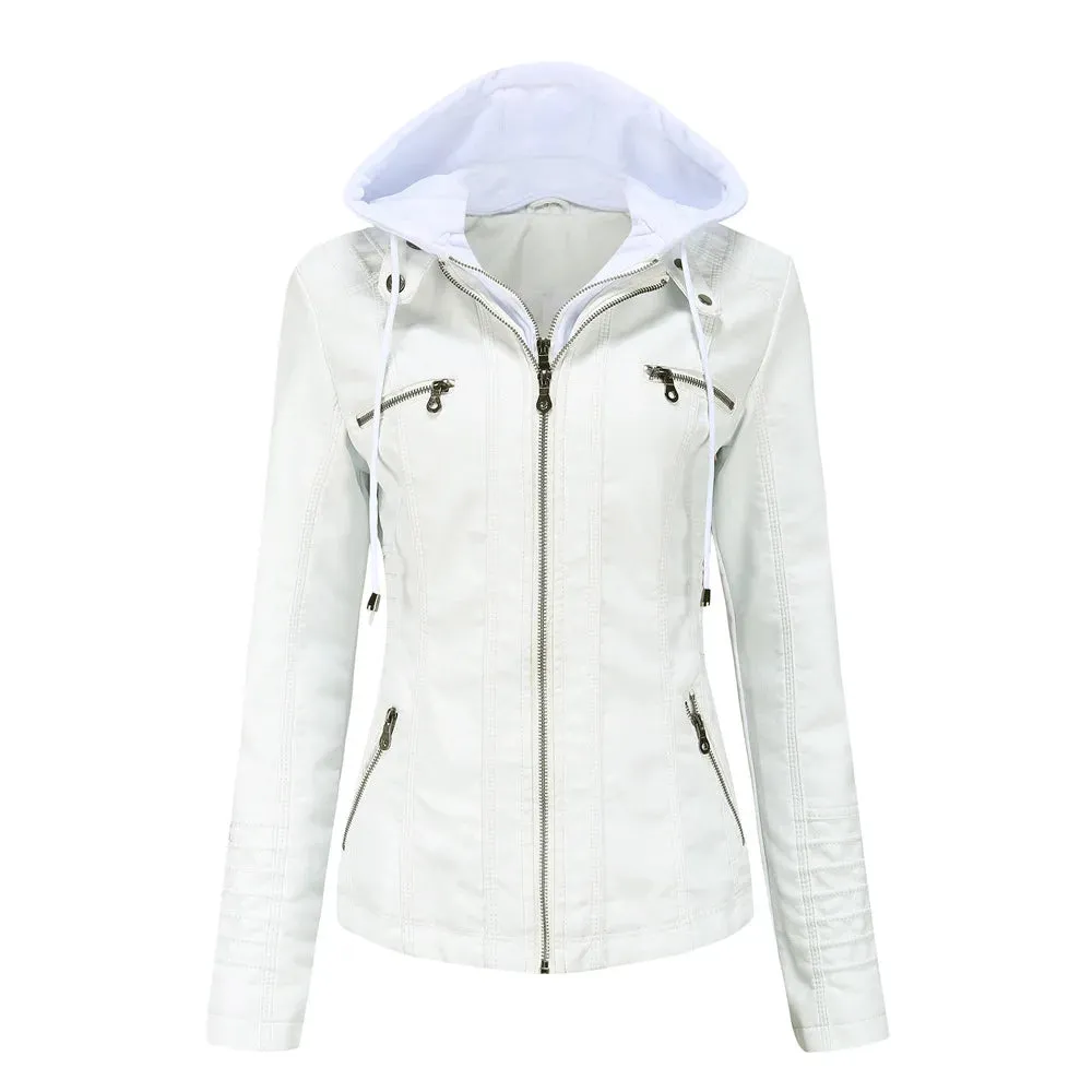 Women Leather Jacket Removable Hood PU Leather Coats