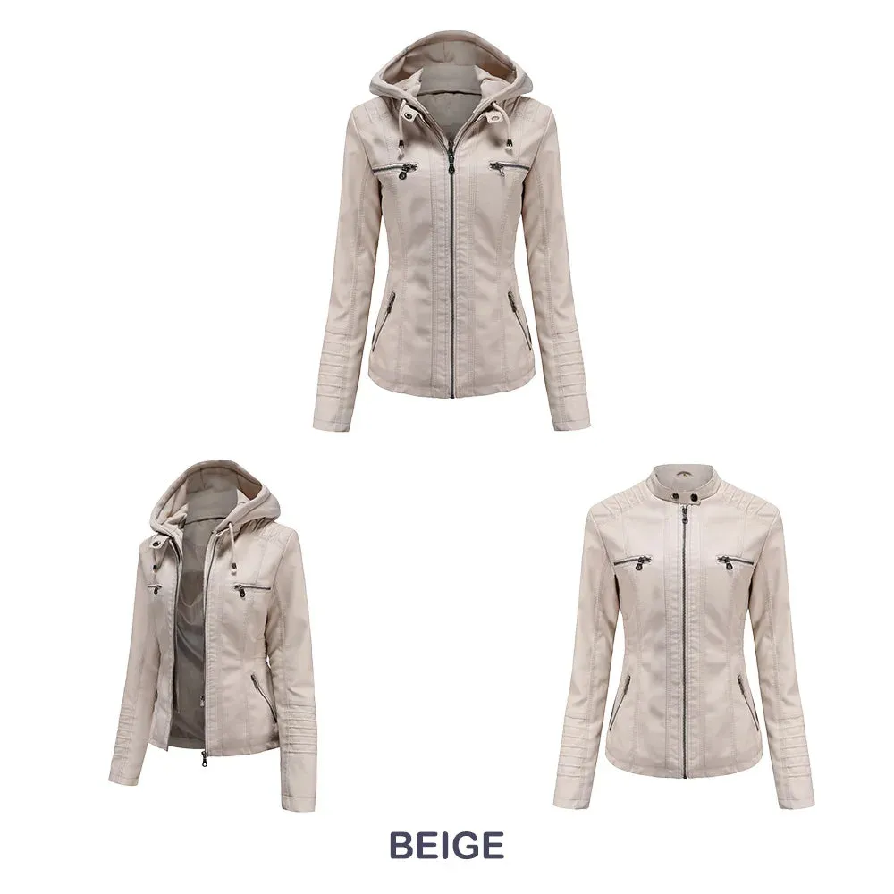 Women Leather Jacket Removable Hood PU Leather Coats