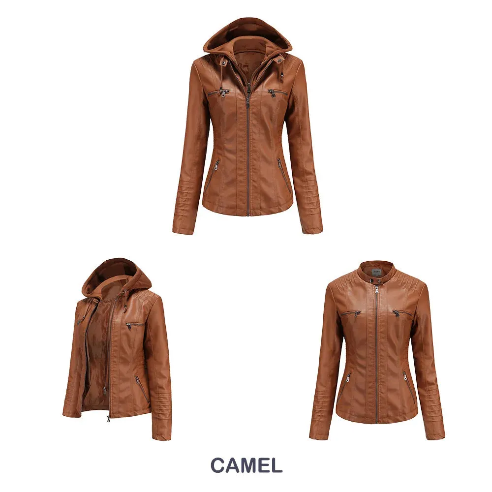 Women Leather Jacket Removable Hood PU Leather Coats