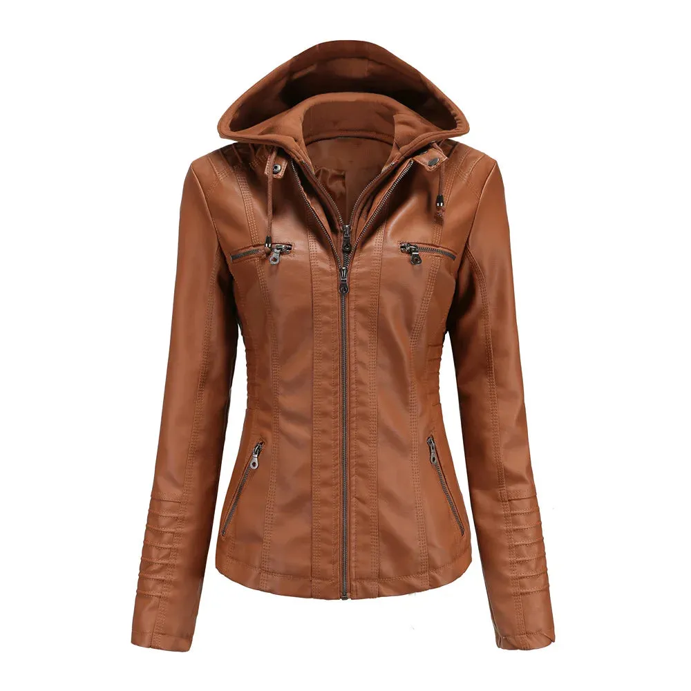 Women Leather Jacket Removable Hood PU Leather Coats