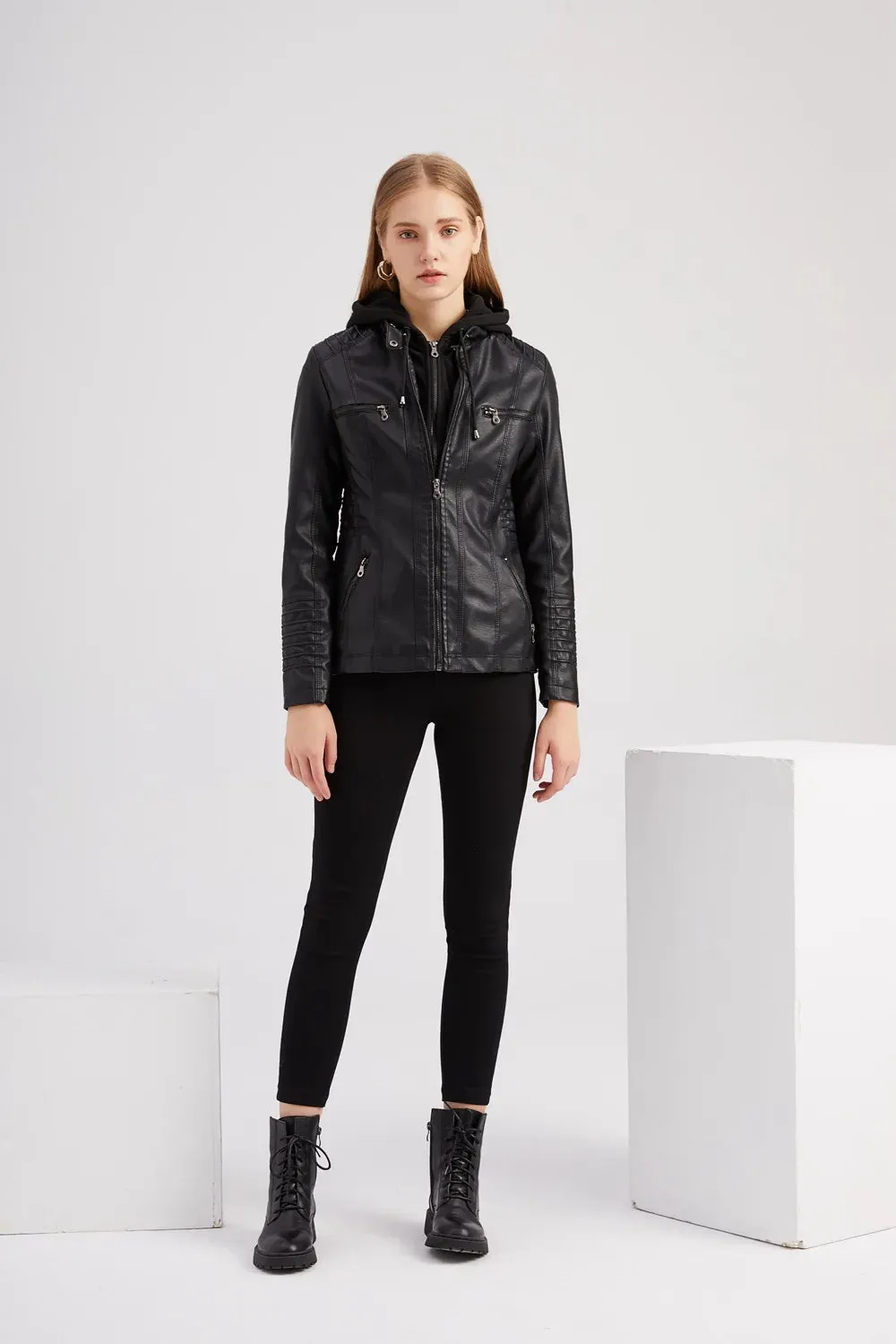 Women Leather Jacket Removable Hood PU Leather Coats