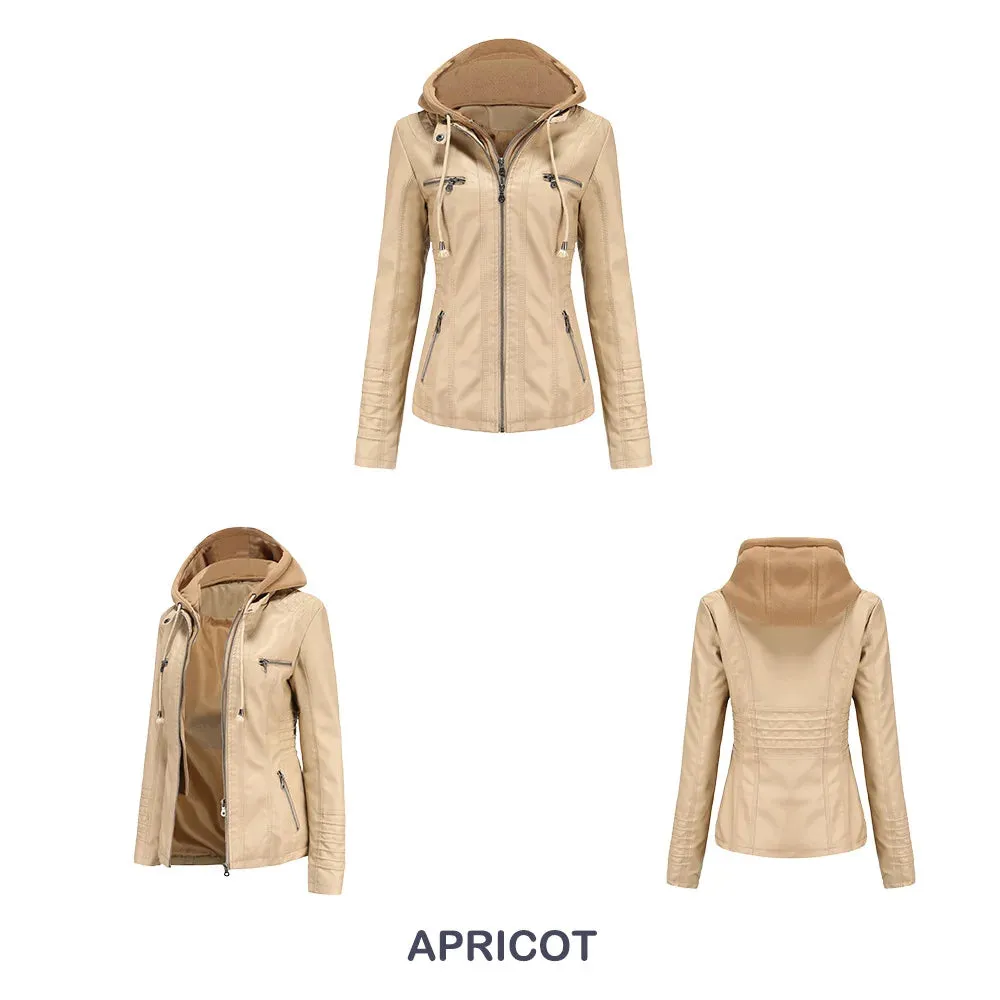 Women Leather Jacket Removable Hood PU Leather Coats