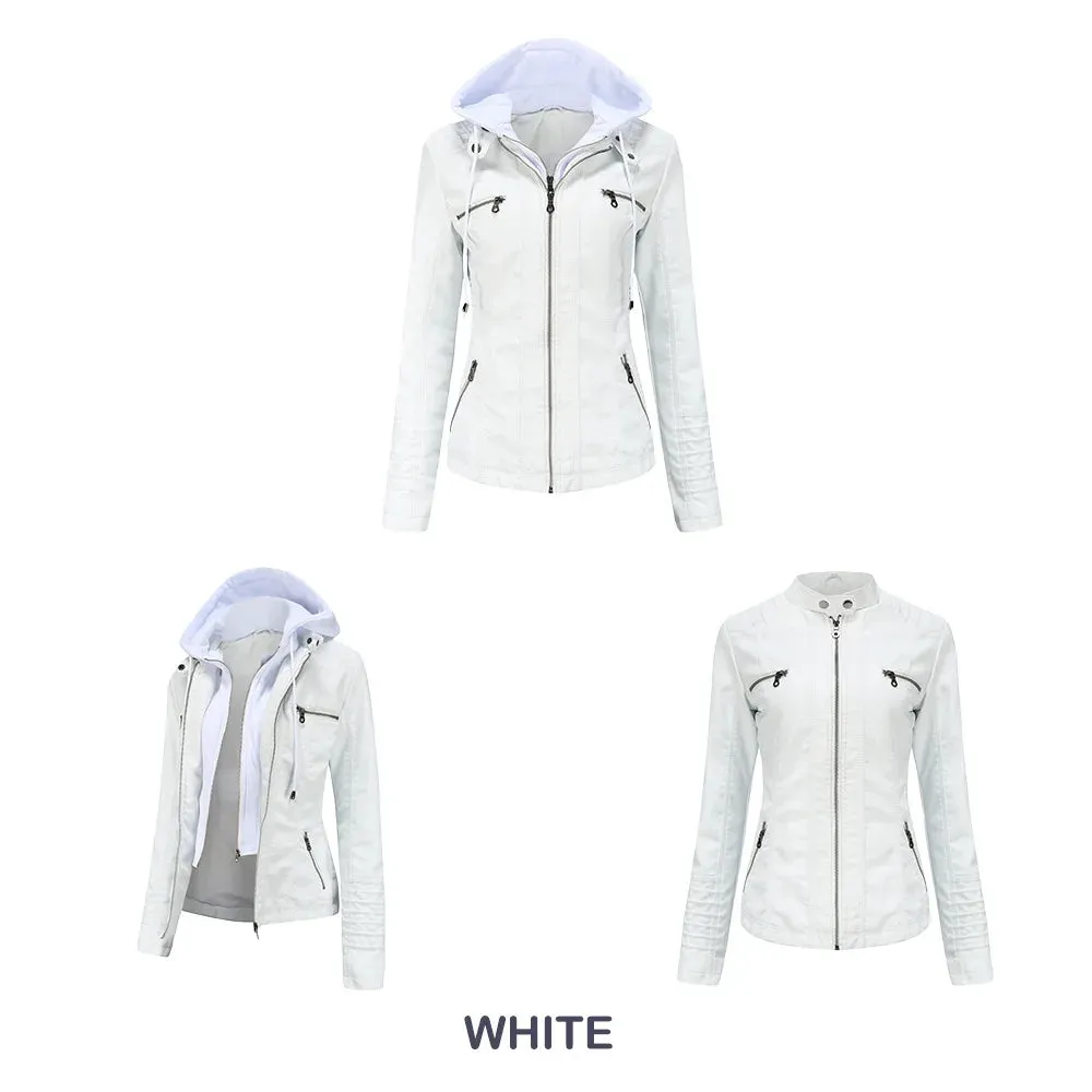 Women Leather Jacket Removable Hood PU Leather Coats